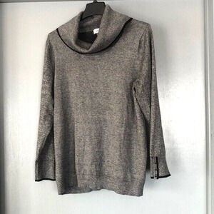 Calvin Klein Pullover Sweater Women XL Gray Knit Long Sleeves Cowl Neck blk trim